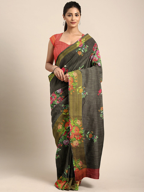 

KALINI Olive Green & Pink Linen Blend Printed Pochampally Saree