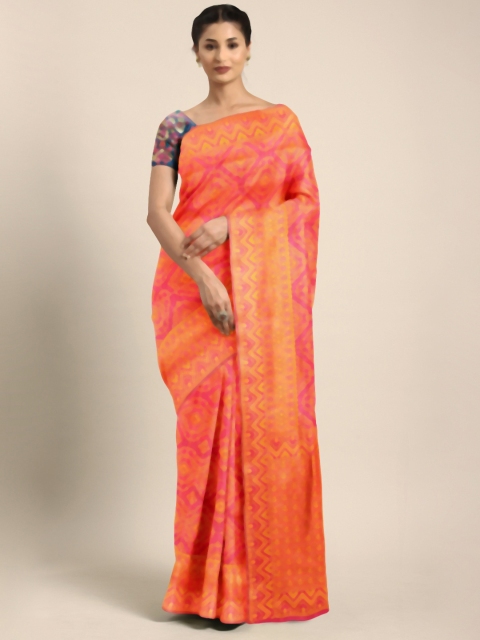 

KALINI Mustard Yellow & Pink Silk Blend Woven Design Kanjeevaram Saree