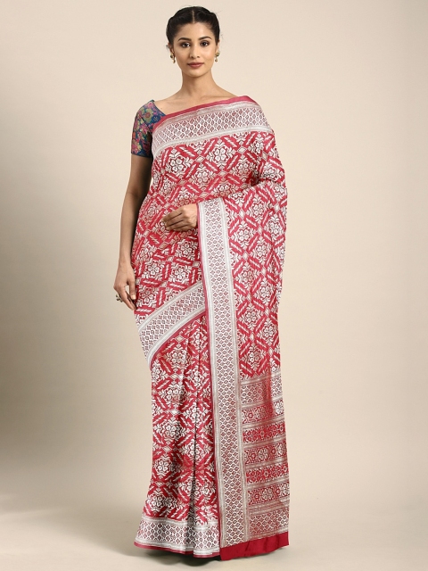 

KALINI Maroon & Silver-Toned Silk Blend Woven Design Kanjeevaram Saree