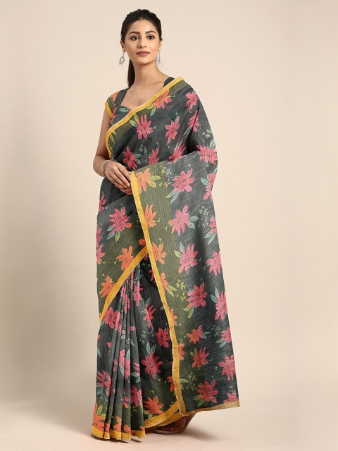 

KALINI Charcoal Grey & Pink Linen Blend Digital Floral Printed Pochampally Celebrity Saree
