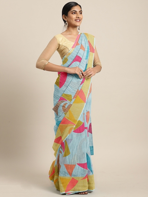 

KALINI Blue & Pink Linen Blend Printed Pochampally Saree