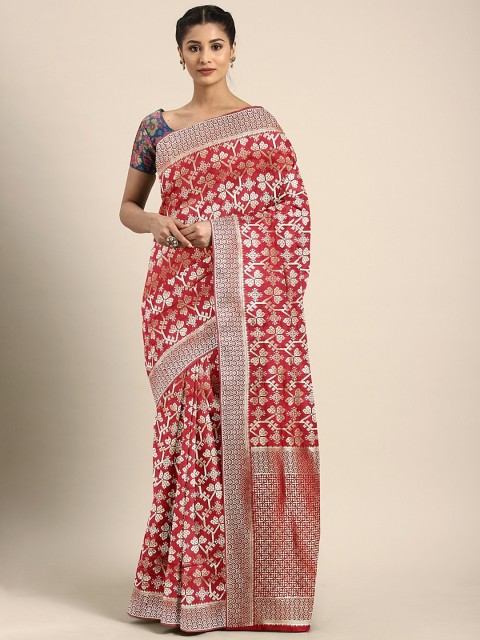

KALINI Maroon & Silver-Toned Silk Blend Woven Design Kanjeevaram Saree