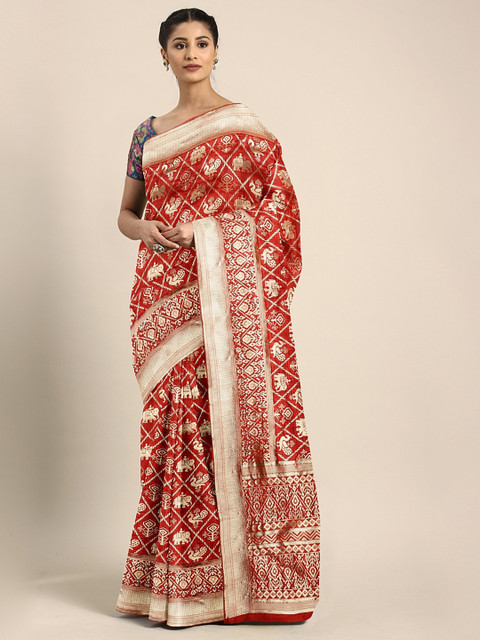 

KALINI Maroon & Gold-Toned Silk Blend Woven Design Kanjeevaram Saree
