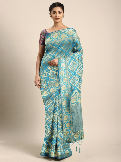 

KALINI Turquoise Blue & Gold-Toned Silk Blend Woven Design Banarasi Saree
