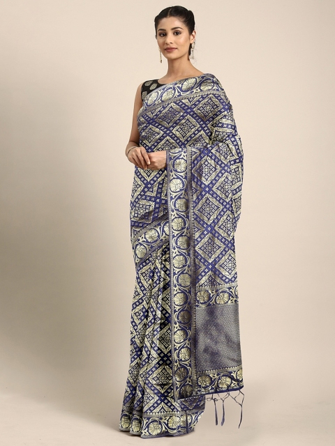 

KALINI Navy Blue & Gold-Toned Silk Blend Woven Design Banarasi Saree