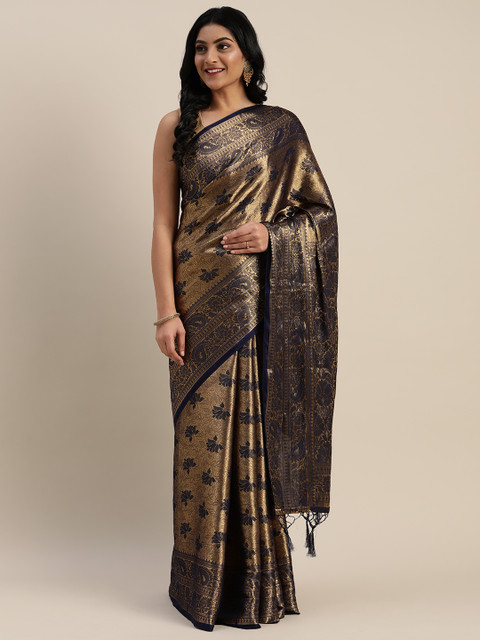 

Mitera Gold-Coloured & Black Nylon Woven Design Kanjeevaram Celebrity Saree