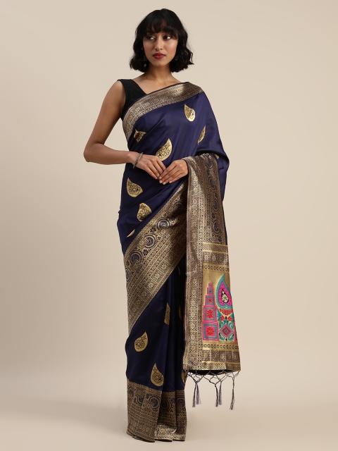 

Mitera Navy Blue & Gold-Toned Silk Blend Woven Design Banarasi Saree