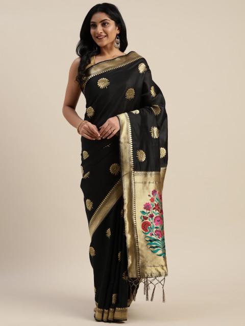 

Mitera Black & Gold-Toned Silk Blend Woven Design Banarasi Saree