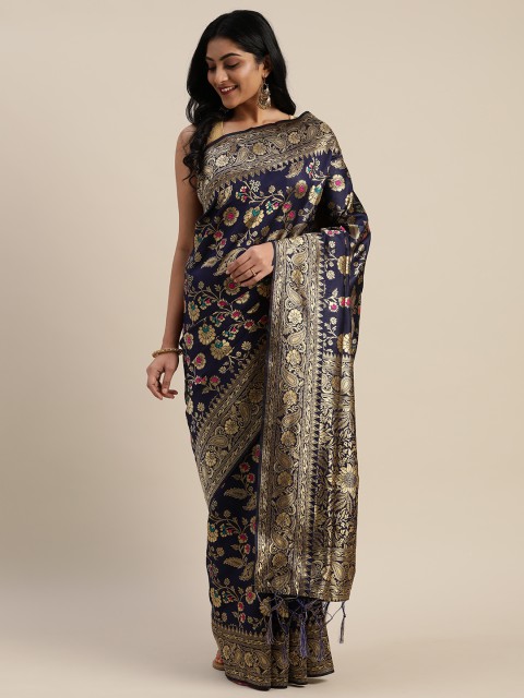 

Mitera Navy Blue & Gold-Toned Silk Blend Floral Woven Design Banarasi Saree