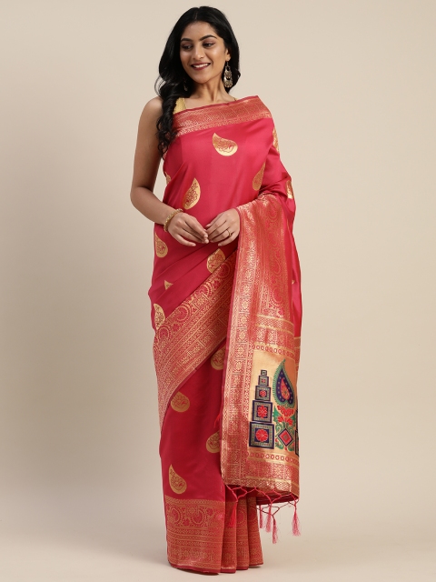 

Mitera Pink & Gold-Toned Silk Blend Woven Design Banarasi Saree