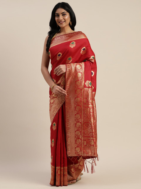 

Mitera Red & Golden Silk Blend Woven Design Banarasi Saree