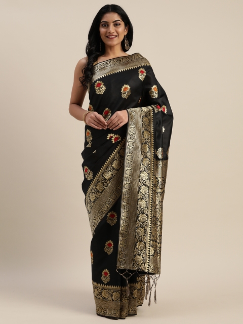 

Mitera Black & Gold-Toned Silk Blend Floral Woven Design Banarasi Saree