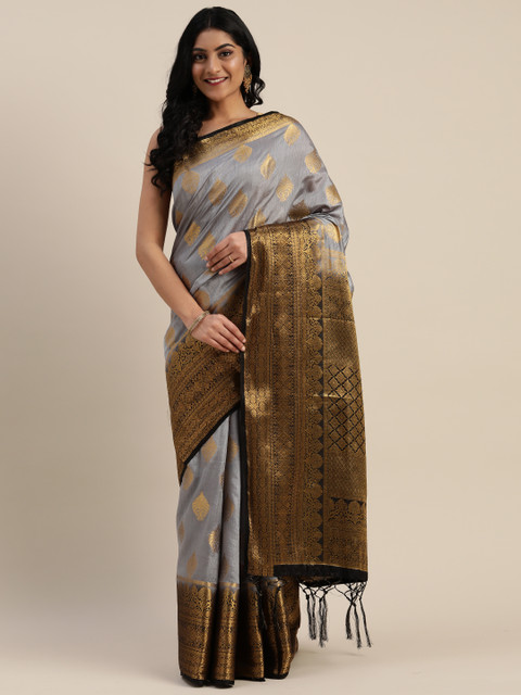 

Mitera Grey & Gold-Coloured Nylon Woven Design Kanjeevaram Celebrity Saree