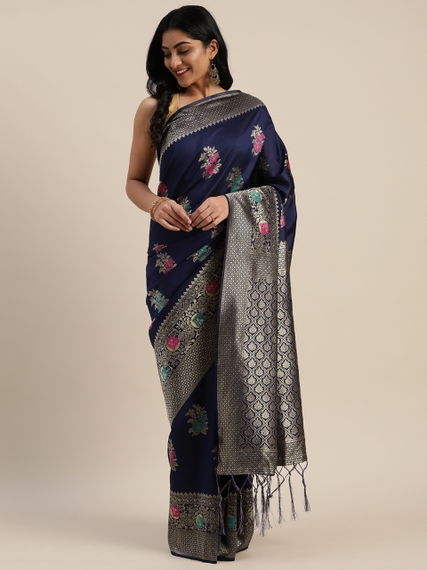 

Mitera Navy Blue & Gold-Toned Silk Blend Floral Woven Design Banarasi Saree