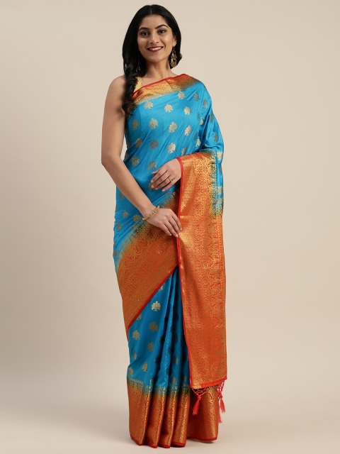 

Mitera Blue & Gold-Toned Nylon Woven Design Kanjeevaram Saree