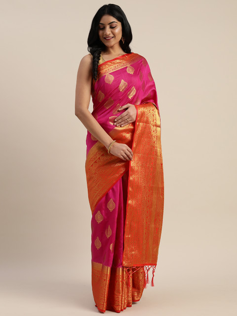 

Mitera Pink & Orange Nylon Woven Design Kanjeevaram Saree