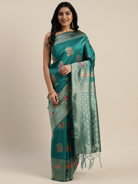 

Mitera Green & Gold-Toned Silk Blend Floral Woven Design Banarasi Saree