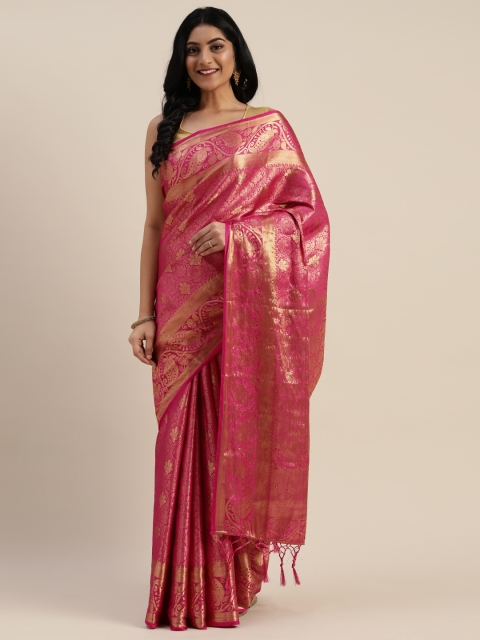 

Mitera Pink & Gold-Coloured Nylon Woven Design Kanjeevaram Celebrity Saree