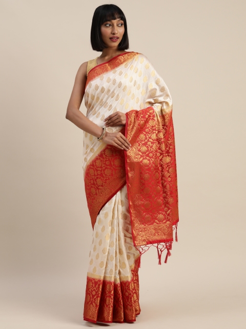 

Mitera Cream-Coloured Silk Blend Woven Design Kanjeevaram Saree