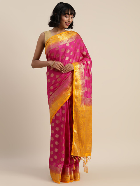

Mitera Pink & Gold-Toned Nylon Woven Design Kanjeevaram Saree