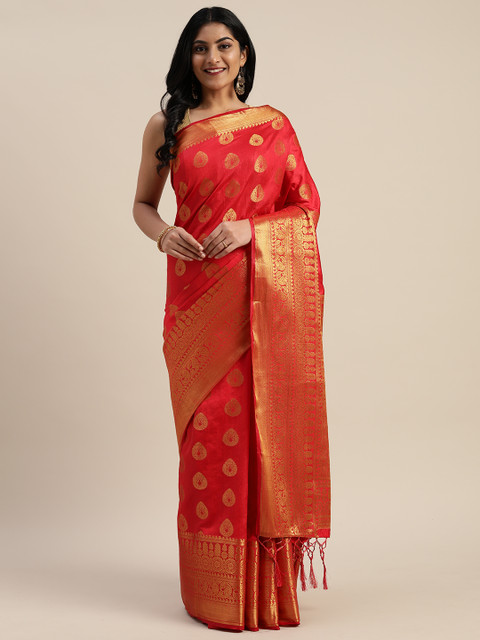 

Mitera Red & Gold-Toned Nylon Woven Design Kanjeevaram Saree