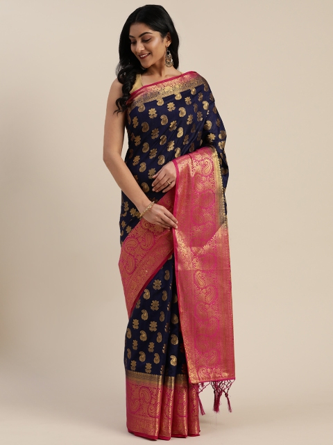 

Mitera Navy Blue & Gold-Toned Nylon Woven Design Kanjeevaram Saree