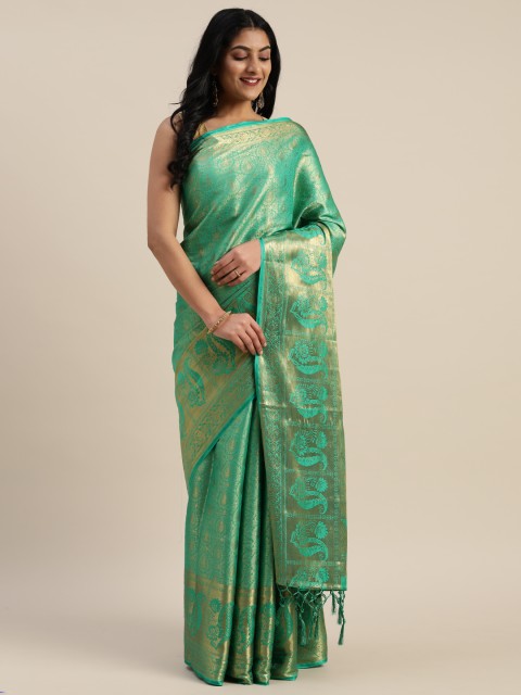 

Mitera Green & Gold-Toned Nylon Woven Design Kanjeevaram Saree