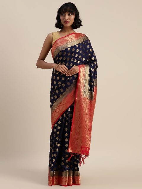 

Mitera Navy Blue & Gold-Toned Nylon Woven Design Kanjeevaram Saree
