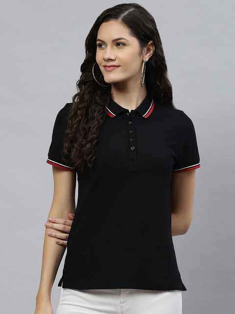 

Marks & Spencer Women Black Solid Polo Collar Pure Cotton T-shirt