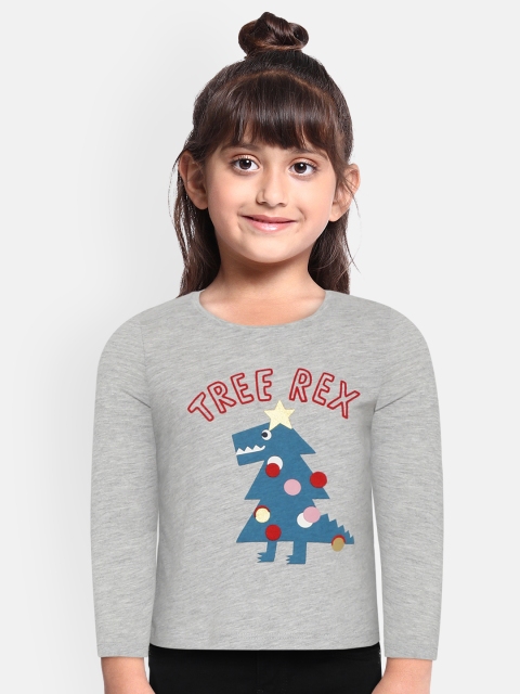 

Marks & Spencer Girls Grey Melange & Teal Blue Graphic Print Round Neck T-shirt