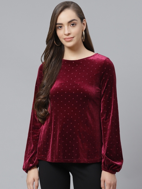 

Marks & Spencer Women Maroon Polka Dots Print Puff Sleeves Velvet Regular Top