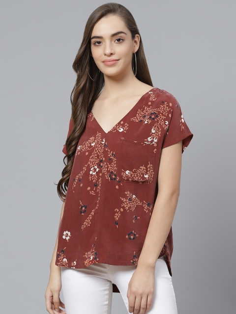 

Marks & Spencer Rust Red & Beige Floral Print High Low Top