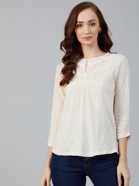 

Marks & Spencer Women Cream-Coloured Solid Garment Dyed Pure Cotton Top