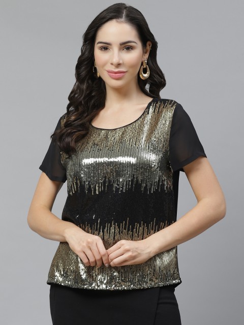 

Marks & Spencer Black & Golden Sequinned Regular Top