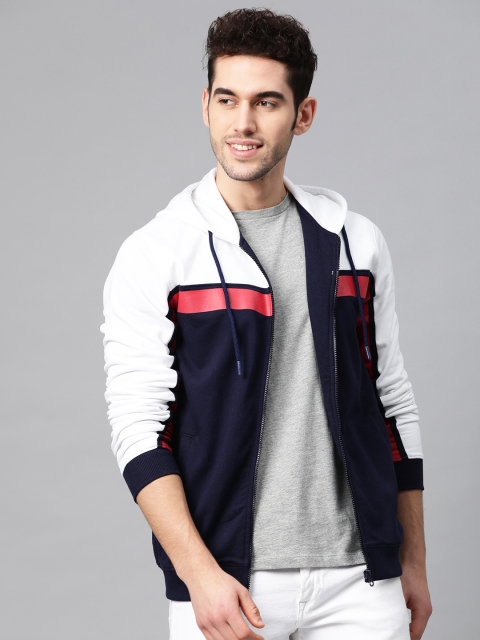 

Allen Solly Men Navy Blue & White Colourblocked Hooded Sweatshirt