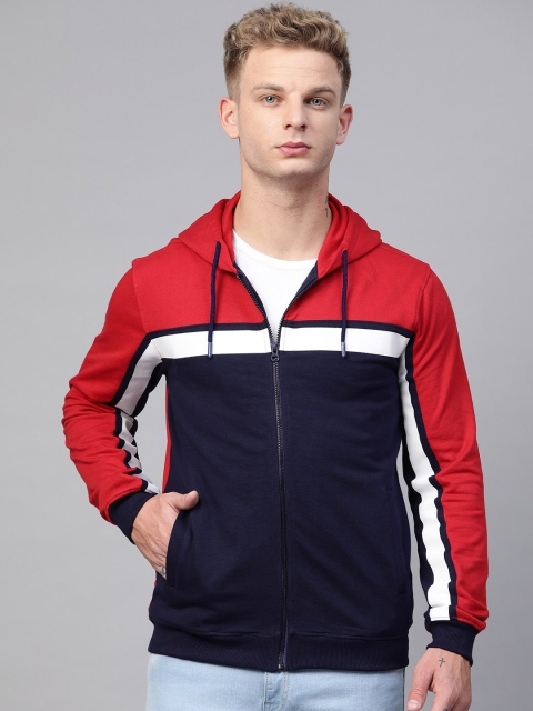 

Allen Solly Men Navy Blue & Red Colourblocked Hooded Sweatshirt