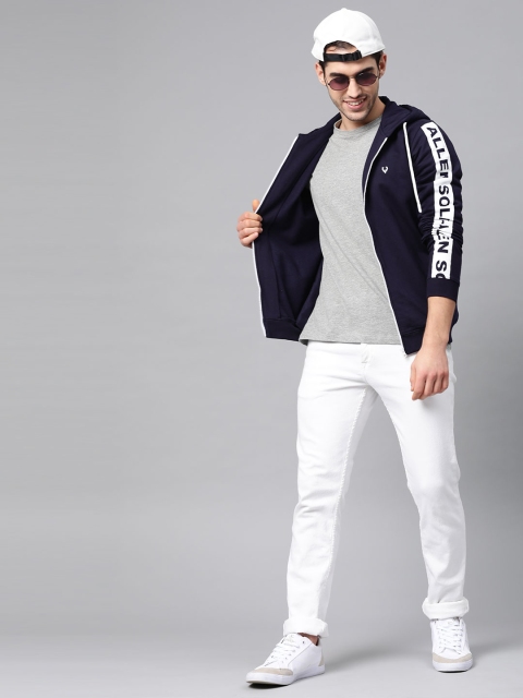 Men Navy Blue Solid Hooded Sweatshirt