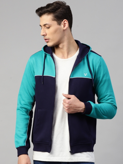 

Allen Solly Men Navy Blue & Sea Green Colourblocked Hooded Sweatshirt