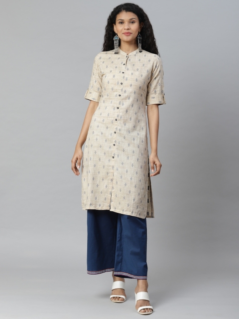 

Rangriti Women Beige & Navy Blue Woven Design Straight Kurta