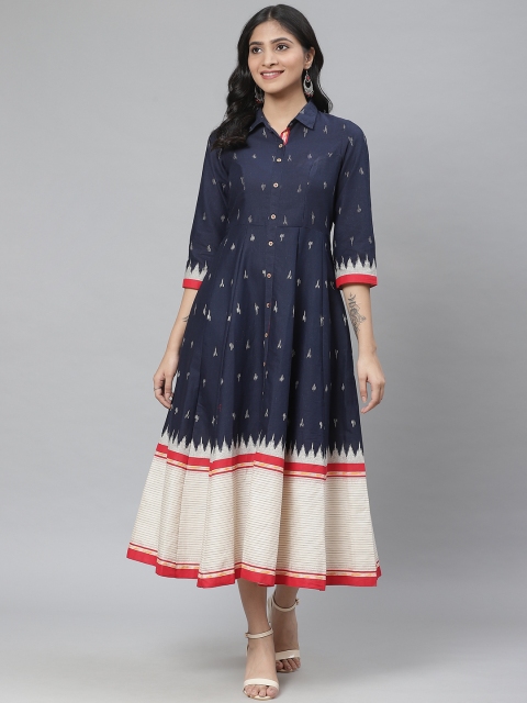 

Rangriti Women Navy Blue & Off White Self Design A-Line Dress