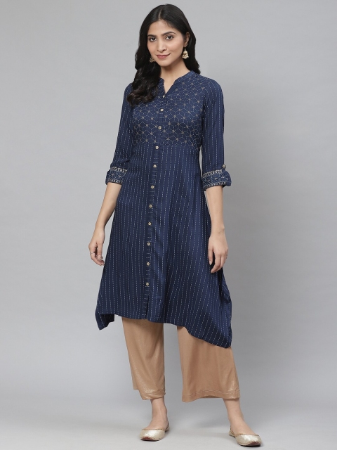 

Rangriti Women Navy Blue & White Printed A-Line High-Low Kurta