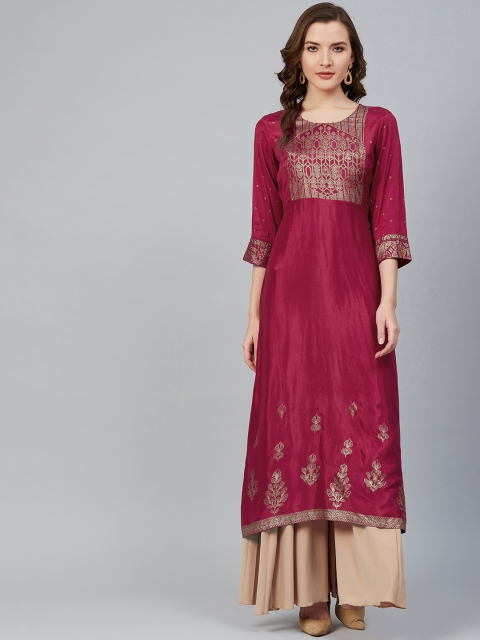 

Rangriti Women Magenta & Golden Ethnic Motif Print Yoke Design A-Line Kurta