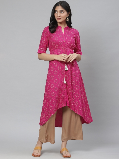 

Rangriti Women Pink & Golden Printed A-Line High-Low Kurta