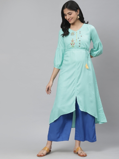 

Rangriti Women Sea Green Yoke Design A-Line High-Low Kurta