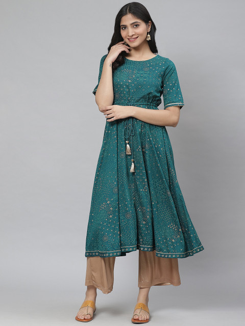 

Rangriti Women Teal Green & Golden Ethnic Printed A-Line Kurta