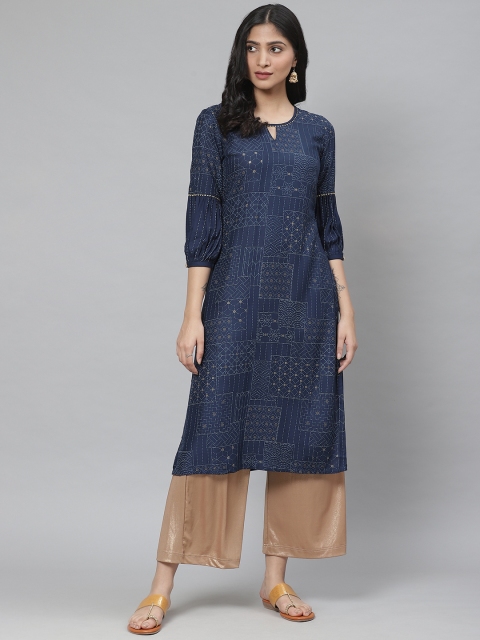 

Rangriti Women Navy Blue & White Printed Straight Kurta