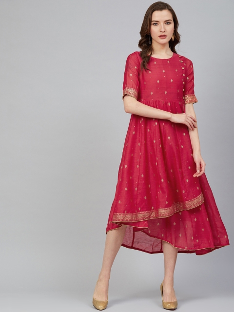 

Rangriti Women Pink & Golden Printed Layered Midi A-Line Dress