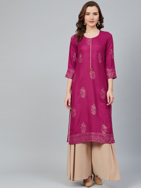 

Rangriti Women Magenta & Golden Self-Design & Printed Straight Kurta