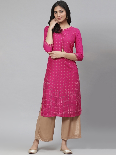 

Rangriti Women Pink & Golden Printed Straight Kurta