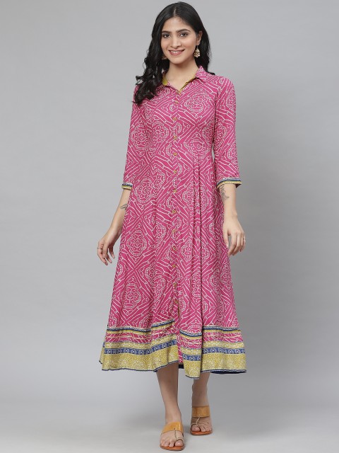 

Rangriti Women Pink & White Bandhani Printed A-Line Dress